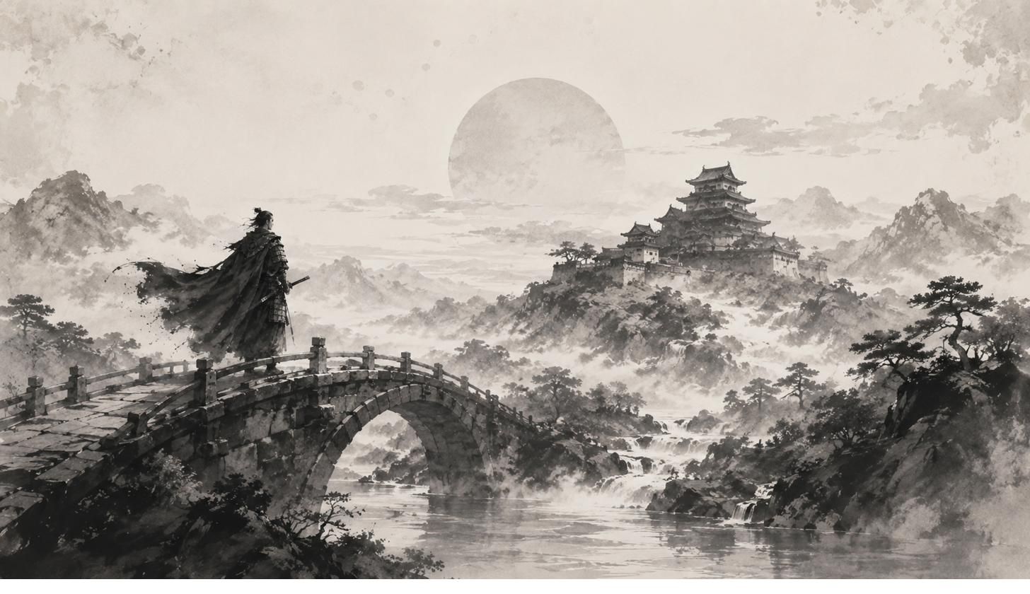 Samurái sobre un puente de piedra con un castillo en la niebla