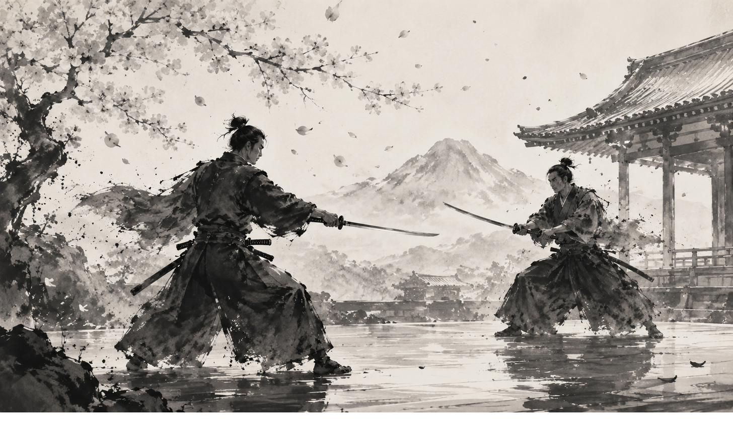 Dos samuráis en duelo junto a un templo, sobre el agua