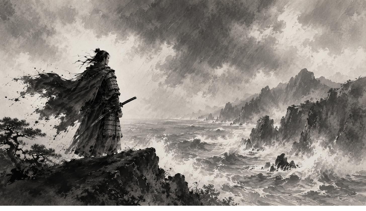 Samurái en un acantilado frente al mar en tormenta