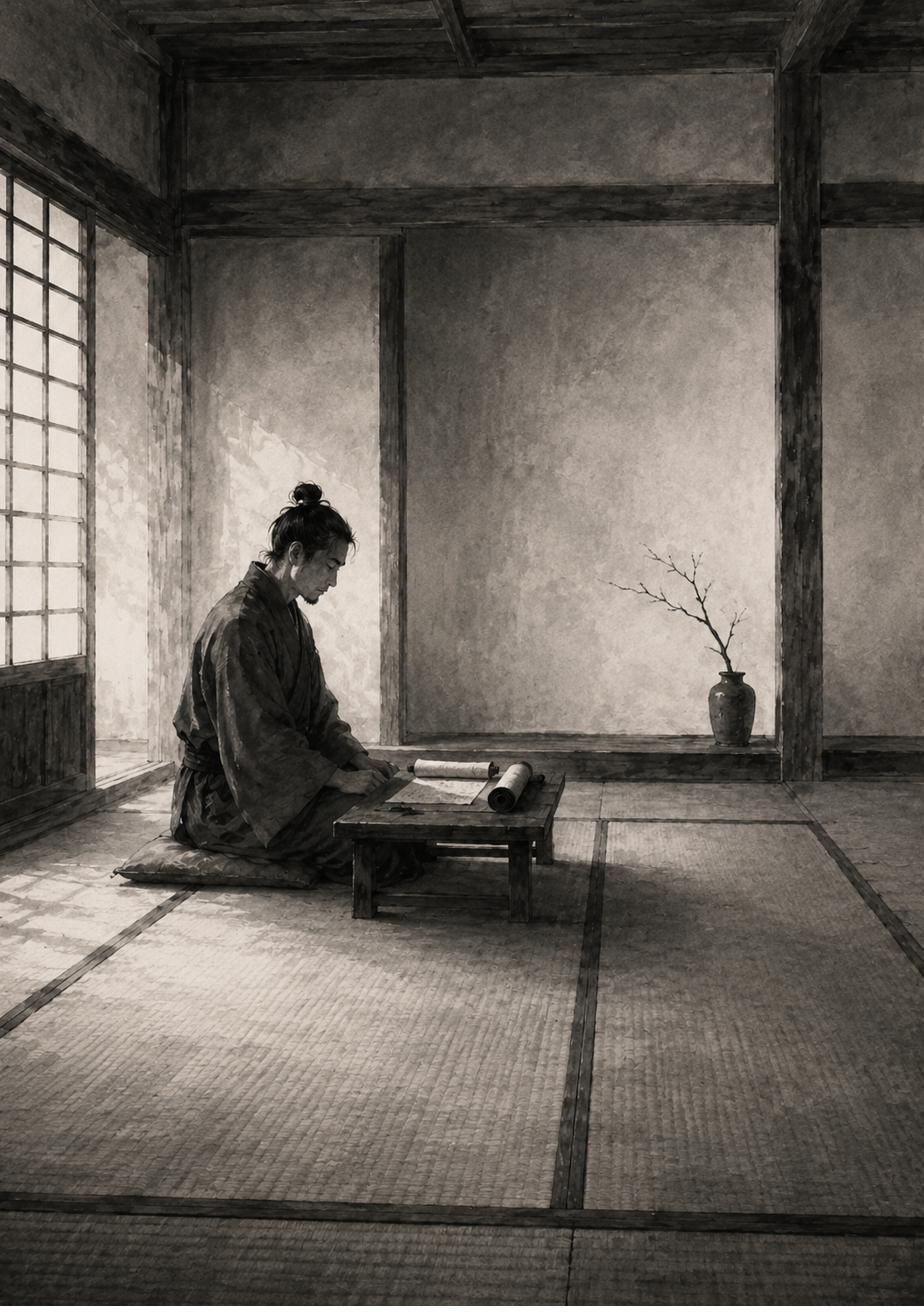 Figura sentada en silencio en una sala de tatami