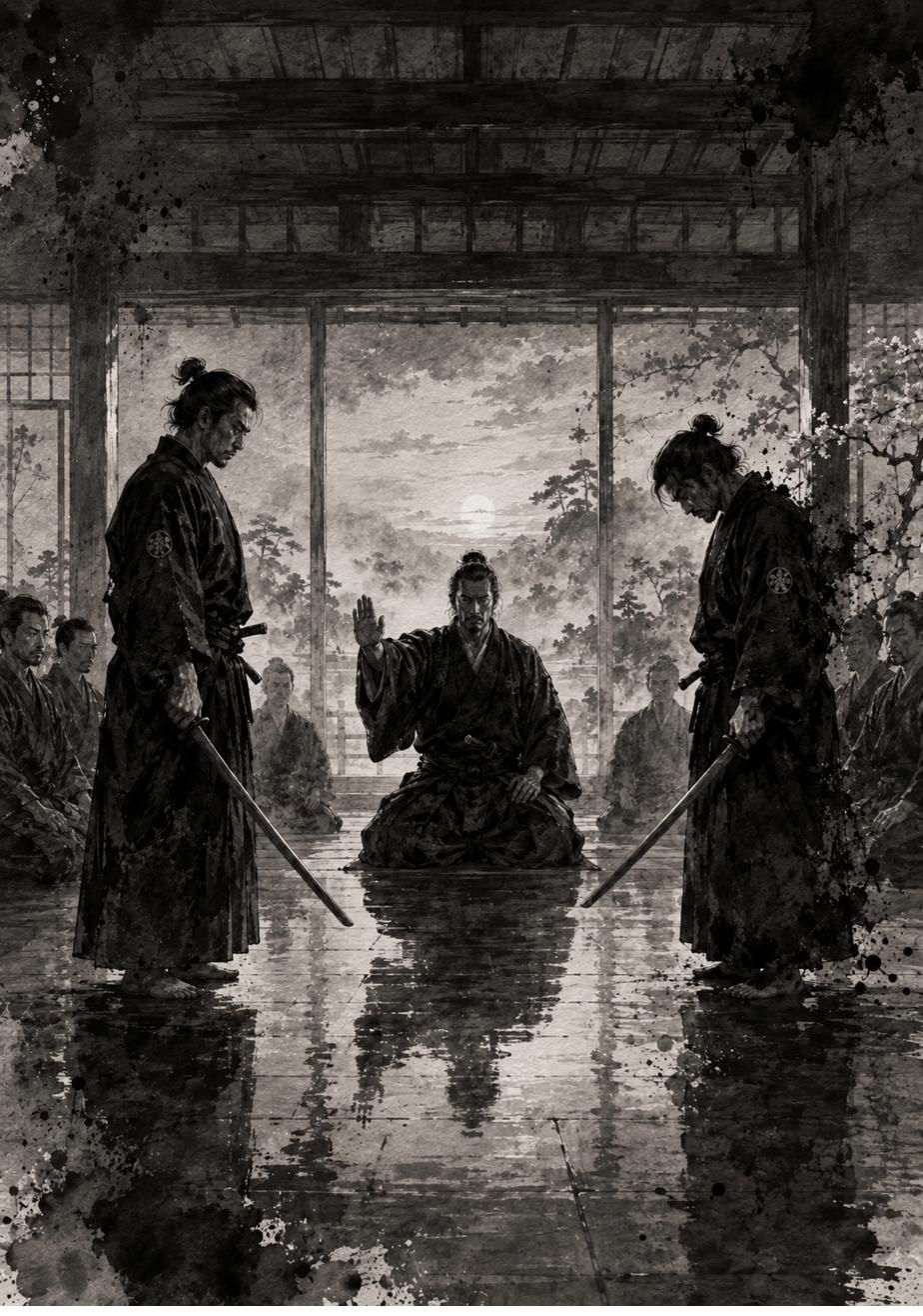 Dos samuráis frente a su maestro en un dojo con agua